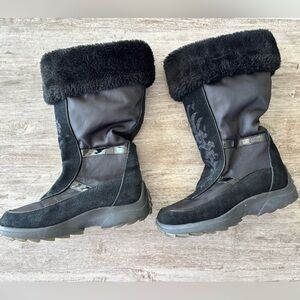 VTG Cougar Boots Faux Fur Leather Black Winter Snow Embroidered Aupair Womens 8